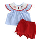 Doisbetthsay 4th Of July Outfits For Toddler Girls Baby USA Smocked Tops T-Shirt Shorts Set Summer Fourth Of July Clothes (Smock