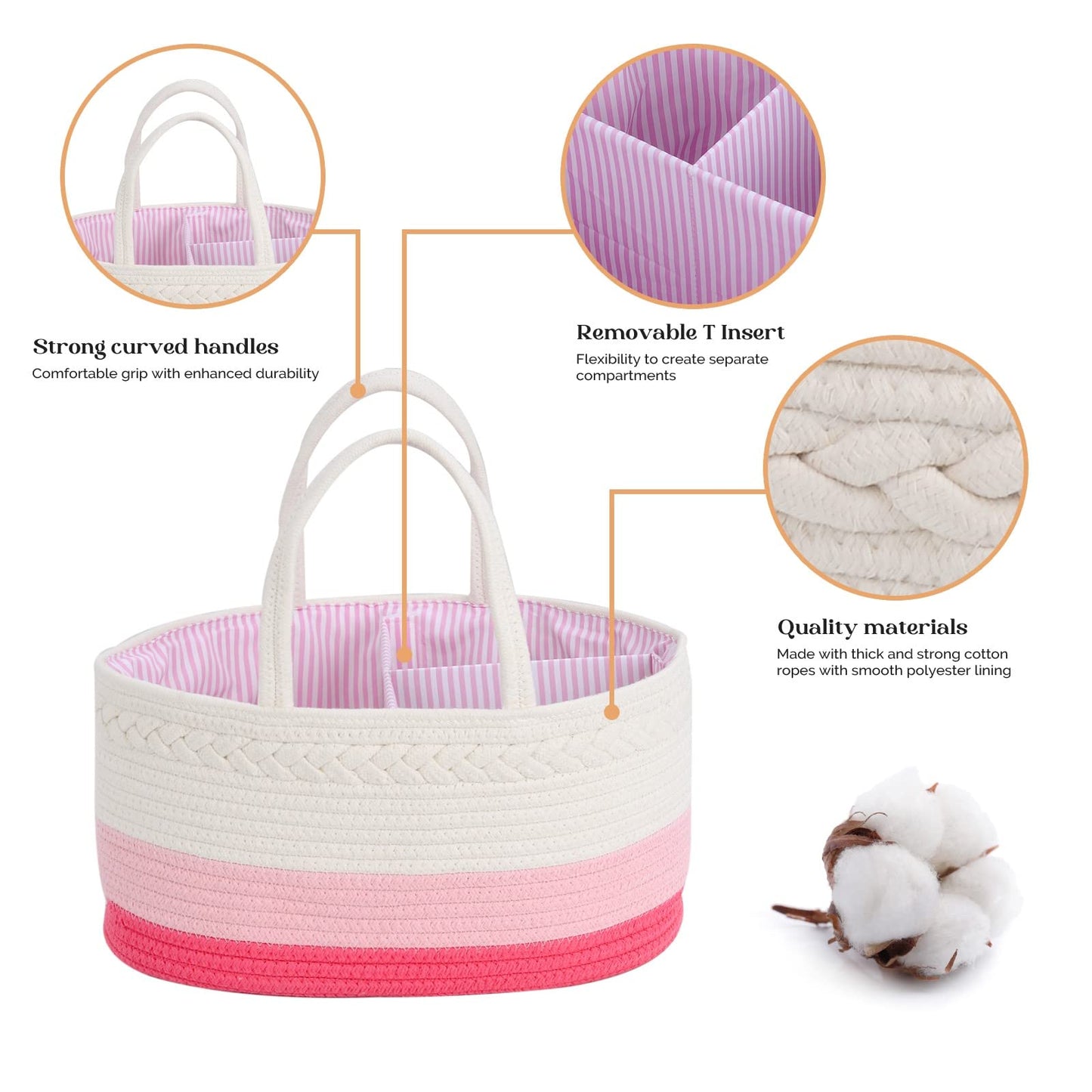 Luxury Little Diaper Caddy Organizer, Large Cotton Rope Nursery Basket, Changing Table Organizer For Baby Diaper Storage, Portab