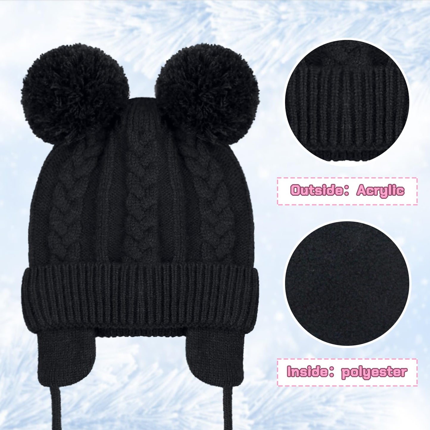 Duoyeree Toddler Winter Hat With Earflap Scarf Hood Thick Warm Kids Skull Cap For Baby Girls Boys Black