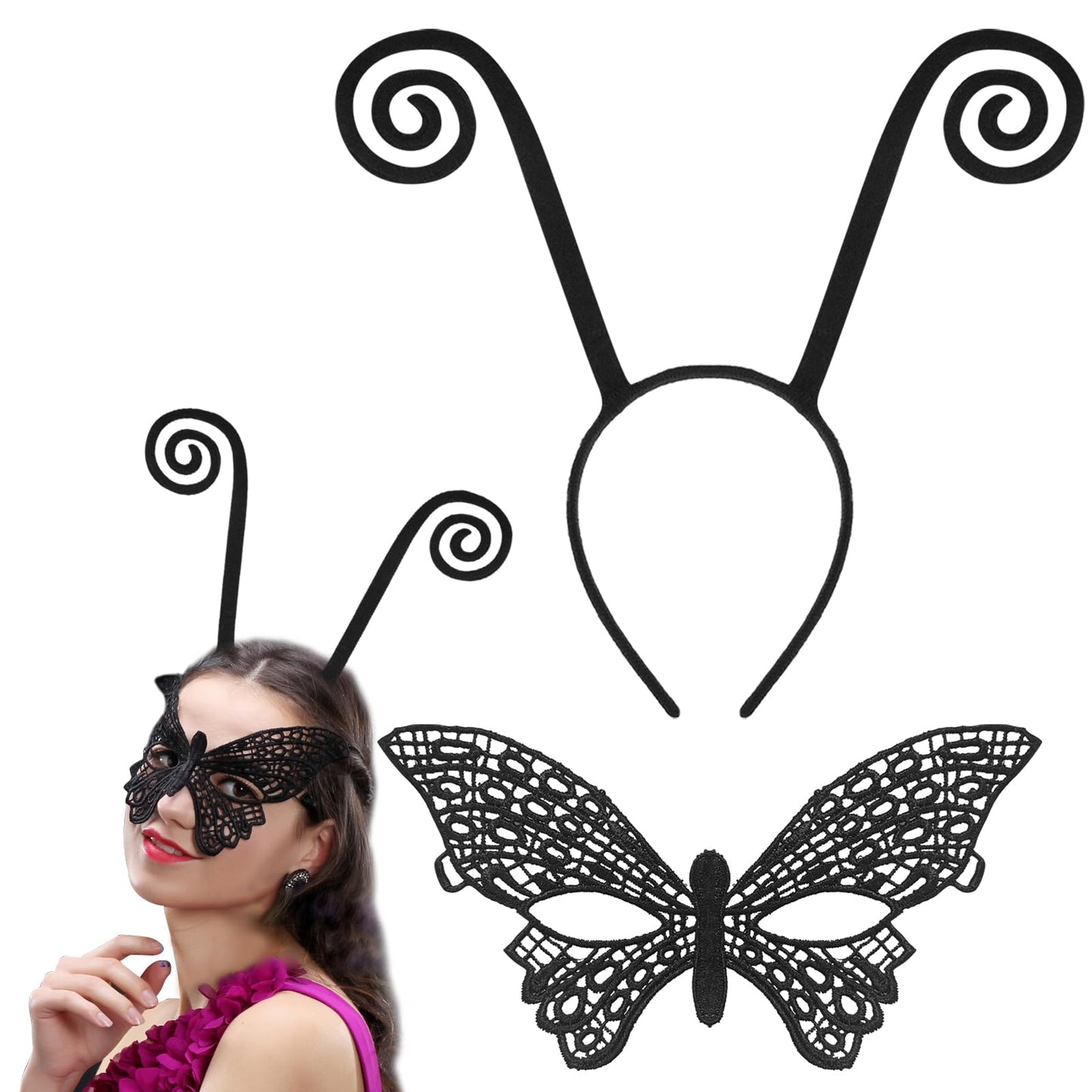 2Pcs Butterfly Antenna Headband With Butterfly Lace Mask For Halloween Cosplay Costume Accessory Black, Large