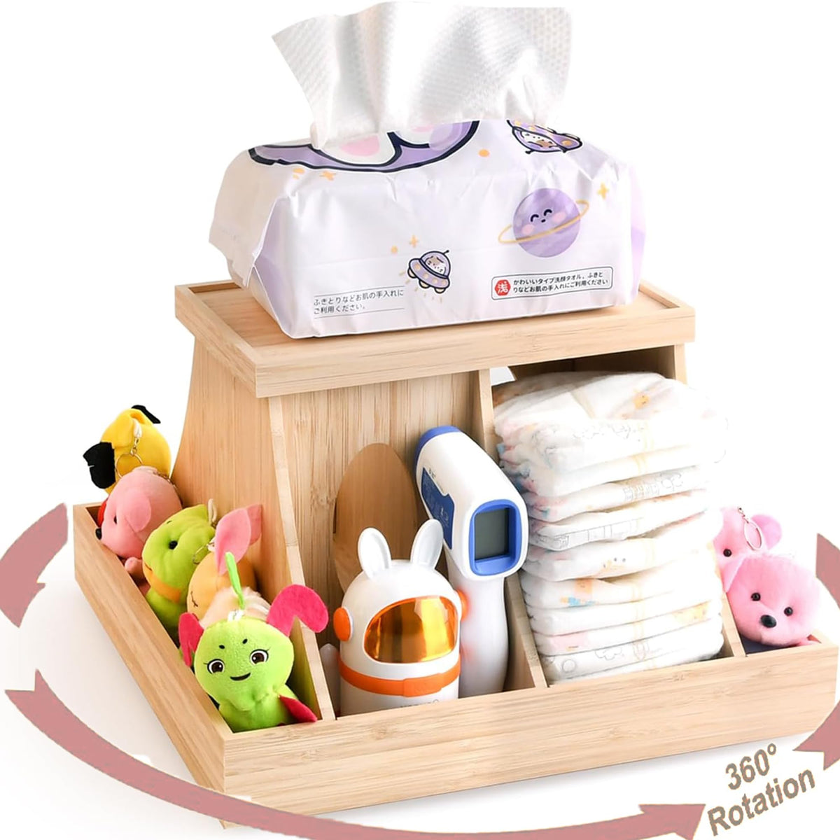 YiLiiod Wooden Baby Diaper Cabby Organizer, 360 Degrees Rotating Bamboo Cabby Storage with Removable Divides, Nursery Diaper Org