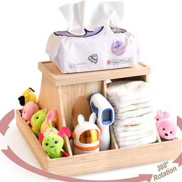 YiLiiod Wooden Baby Diaper Cabby Organizer, 360 Degrees Rotating Bamboo Cabby Storage with Removable Divides, Nursery Diaper Org