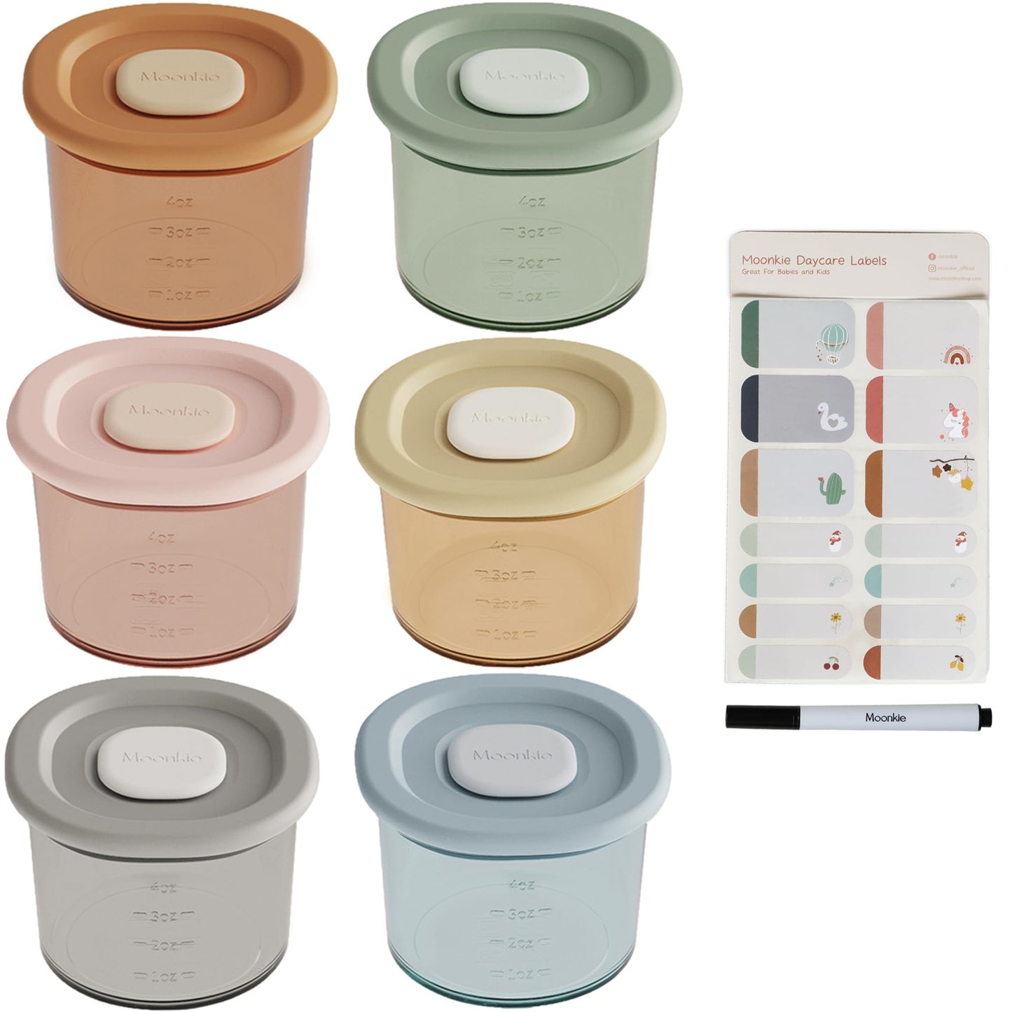 Moonkie Silicone Baby Food Containers | 4 Oz Baby Food Storage Jars With Airtight Lids | Reusable Baby Food Jars, Freezer,Microw