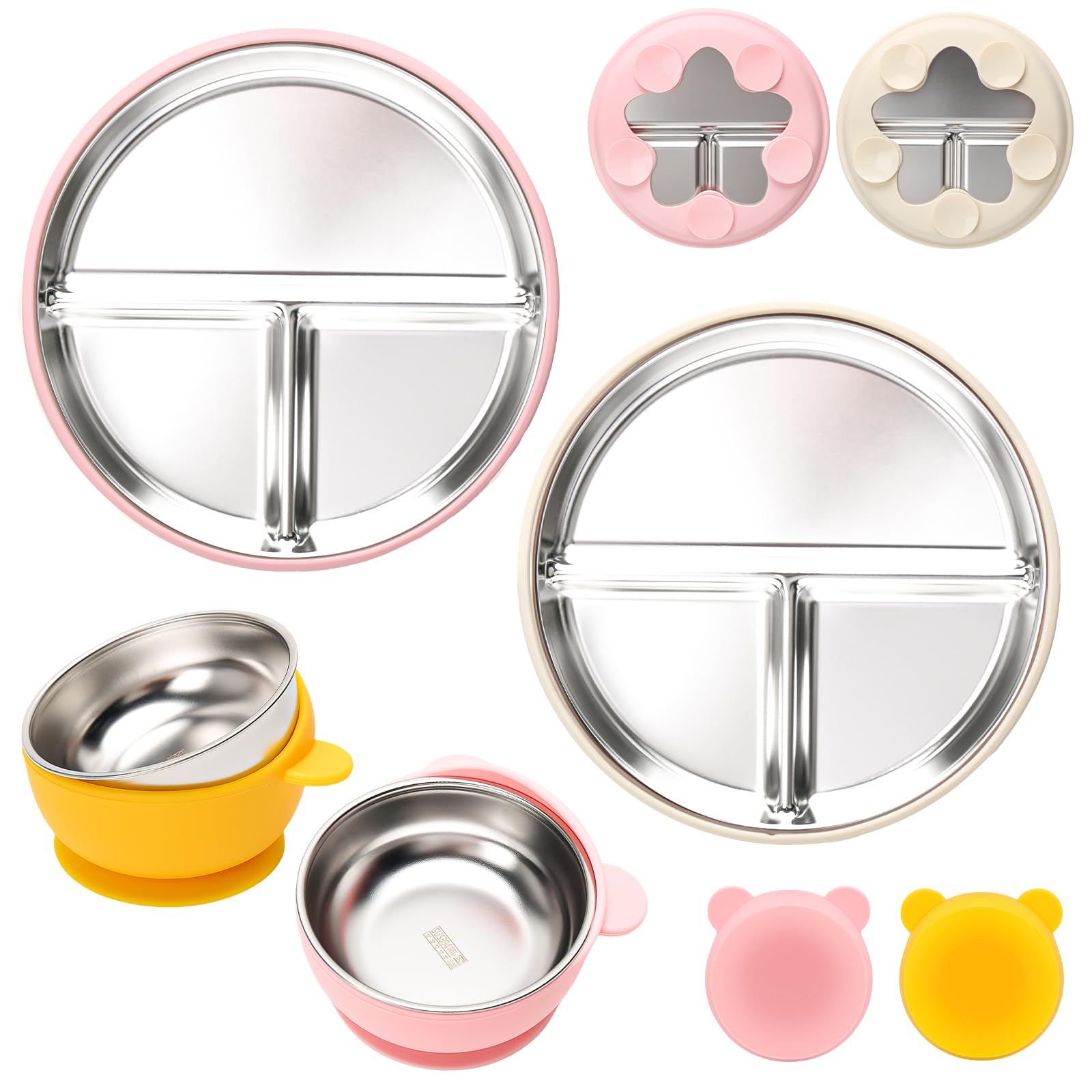 Misslili Stainless Steel Baby Plate And Bowls With Suction, Divided Kids Baby Plate And Toddler Bowl With Removable Silicone Suc