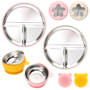 Misslili Stainless Steel Baby Plate And Bowls With Suction, Divided Kids Baby Plate And Toddler Bowl With Removable Silicone Suc