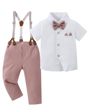Yallet Toddler Baby Boy Clothes Suit Gentleman Wedding Outfits, Formal Dress Shirt+Bowtie+Suspender Pants(Pink, 3-4T)