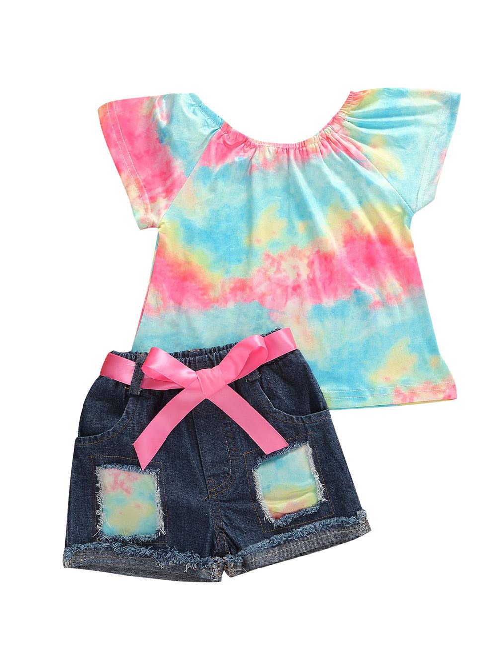 Bmnmsl Baby Toddler Girls Clothes 2T 3T 4T 5T Summer Outfits Kids Floral Short Sleeve Tops T-Shirt Vest & Denim Shorts Set
