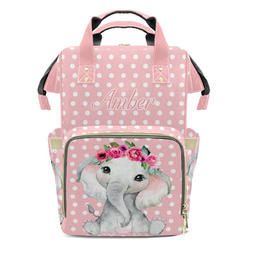 XOZOTY Elephant Flower Pink Diaper Bags Backpack with Name Personalized Baby Bag Travel Tote Bag Gifts for Mom Girl