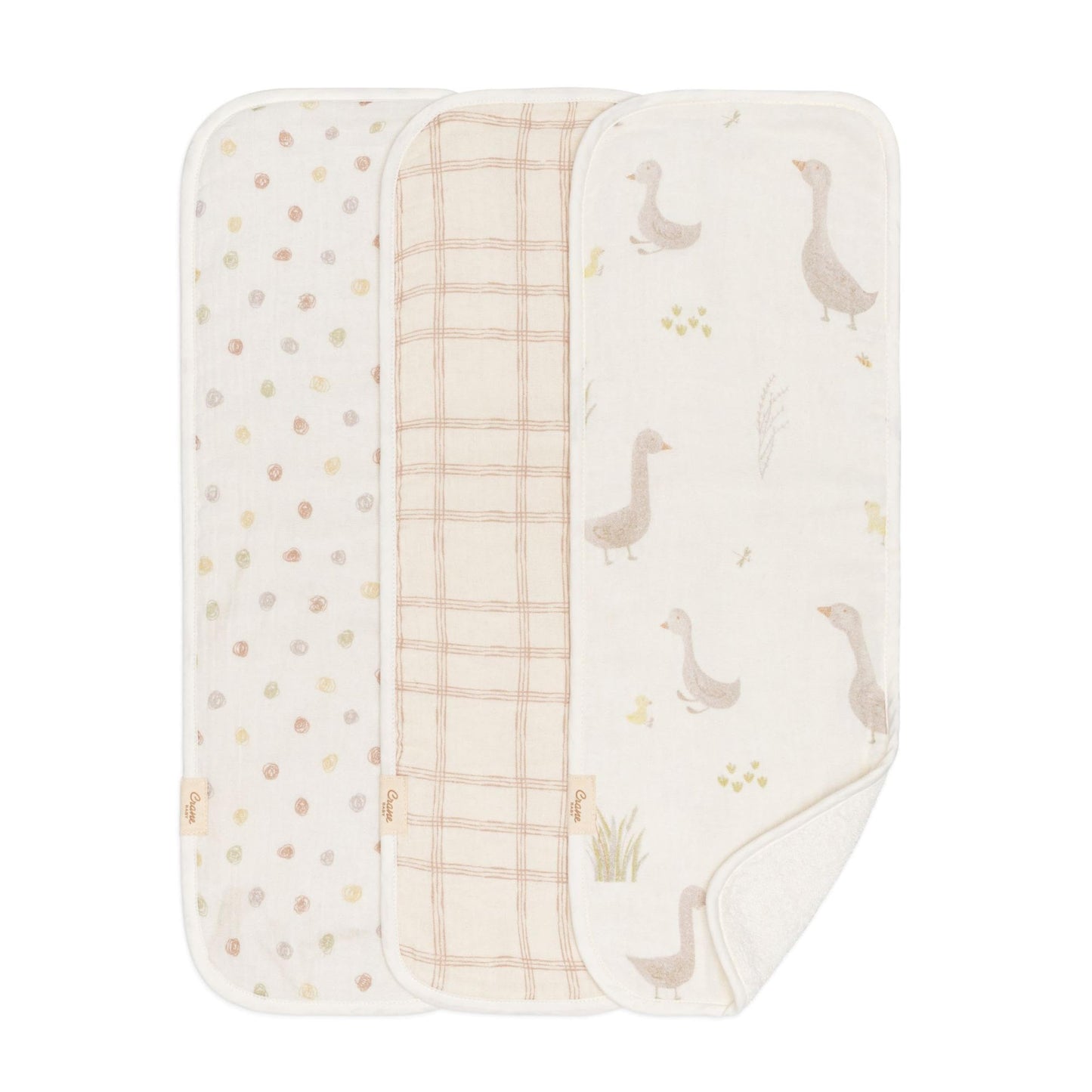 Crane Baby Burp Cloth Set, 3-pc. Charlie Farmhouse Goose Collection, Soft 100% Cotton Muslin Burping Cloths for Baby Boys &Girls