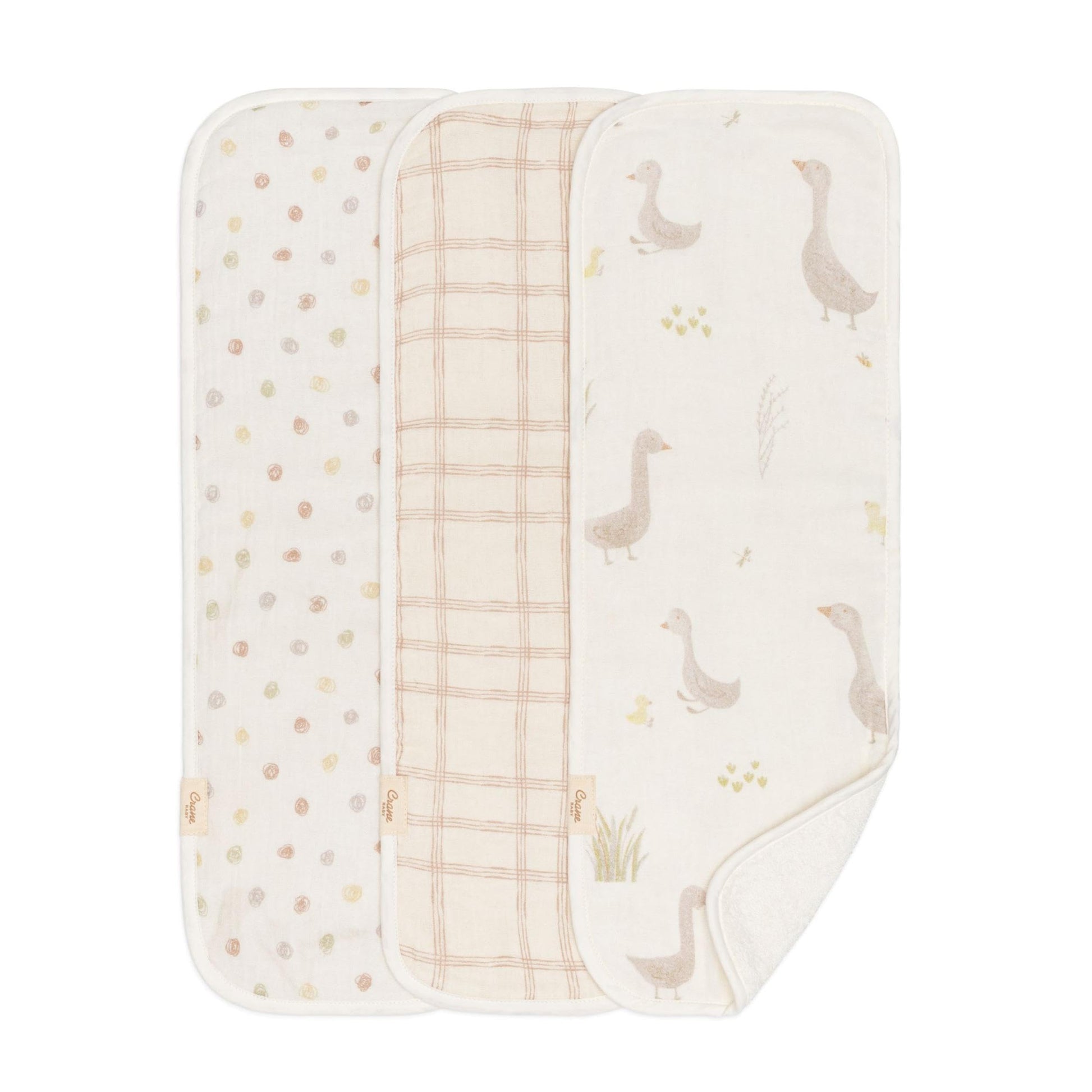 Crane Baby Burp Cloth Set, 3-pc. Charlie Farmhouse Goose Collection, Soft 100% Cotton Muslin Burping Cloths for Baby Boys &Girls