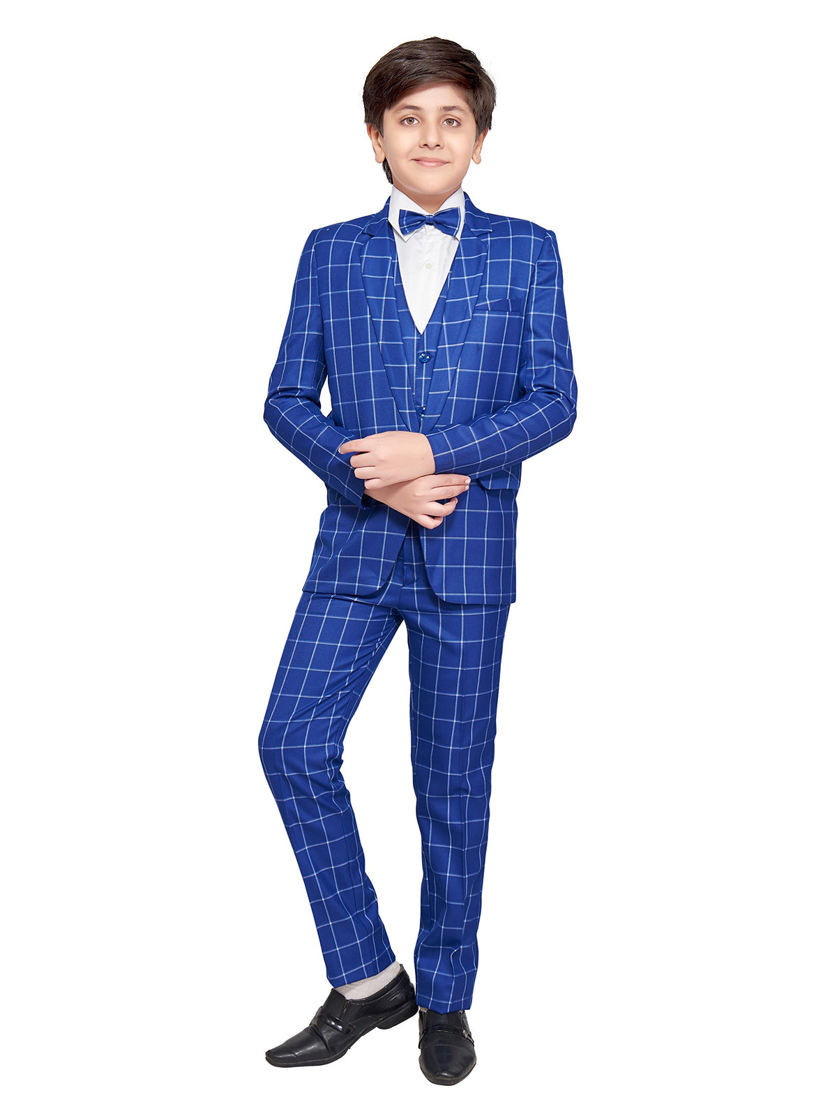Jeetethnics Boys Navy Blue Checked Coat Suit Set With Waistcoat Shirt And Trousers (9056Dq)