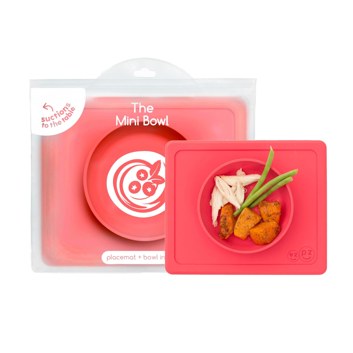 ezpz Mini Bowl for 12 Months+ (Coral) - 100% Silicone Suction Bowl with Built-in Placemat for Toddlers - Comes with a Reusable T