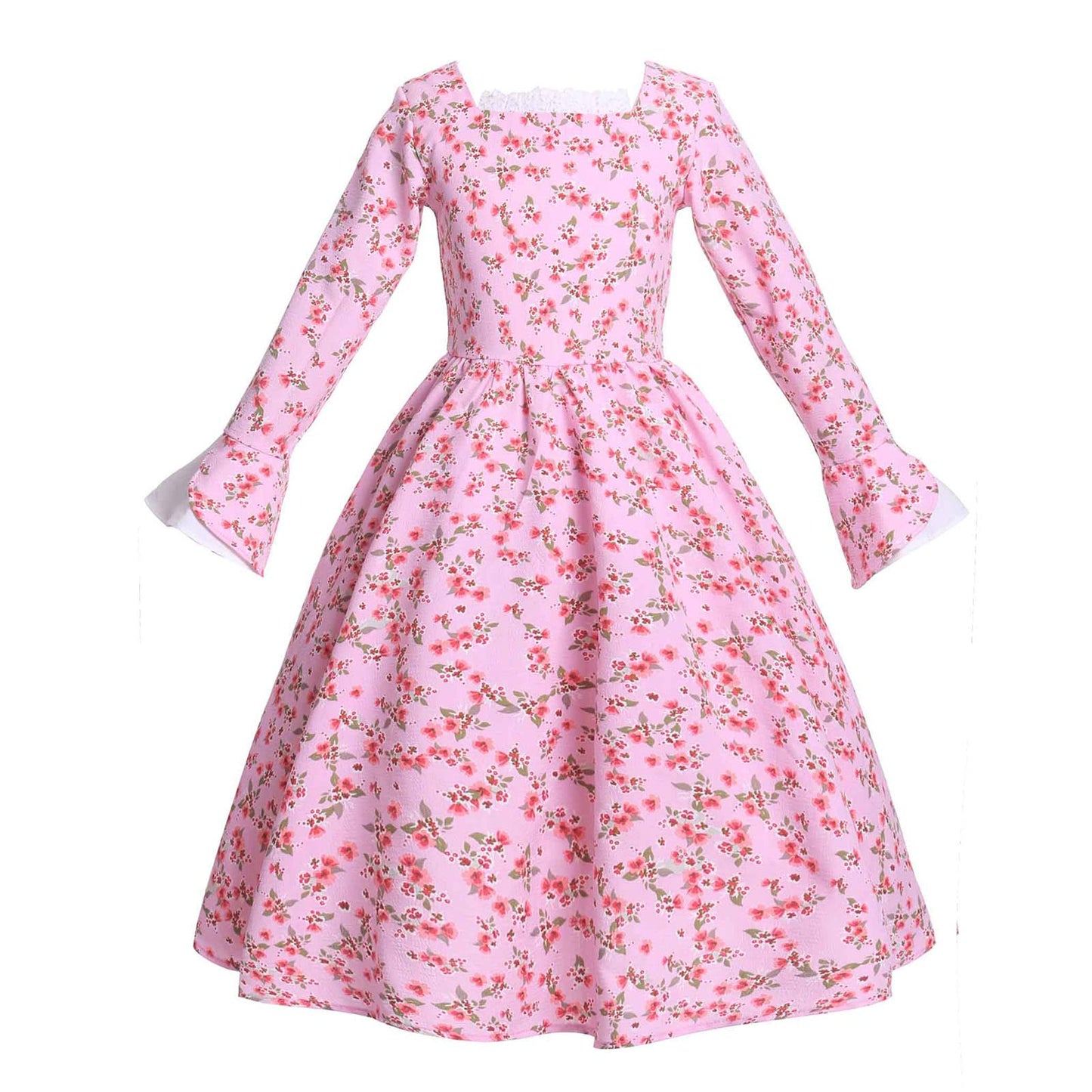 Vibsion Girls Prairie Pioneer Costume Pilgrim Dress Kids Floral Colonial Village Girl Costume Bonnet Apron Set Pink Xxl