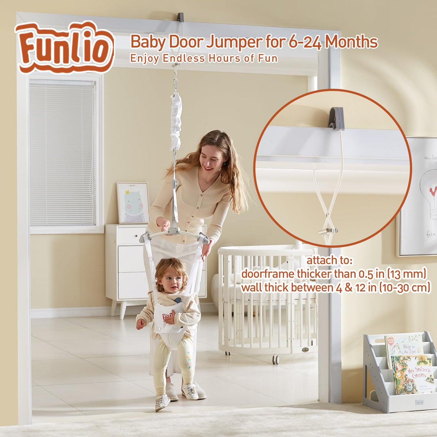 Funlio Baby Door Jumper For 6-24 Months (With Door Clamp), Bearing 40 Lbs, Baby Jumper Doorway With Strong Spring & Adjustable S