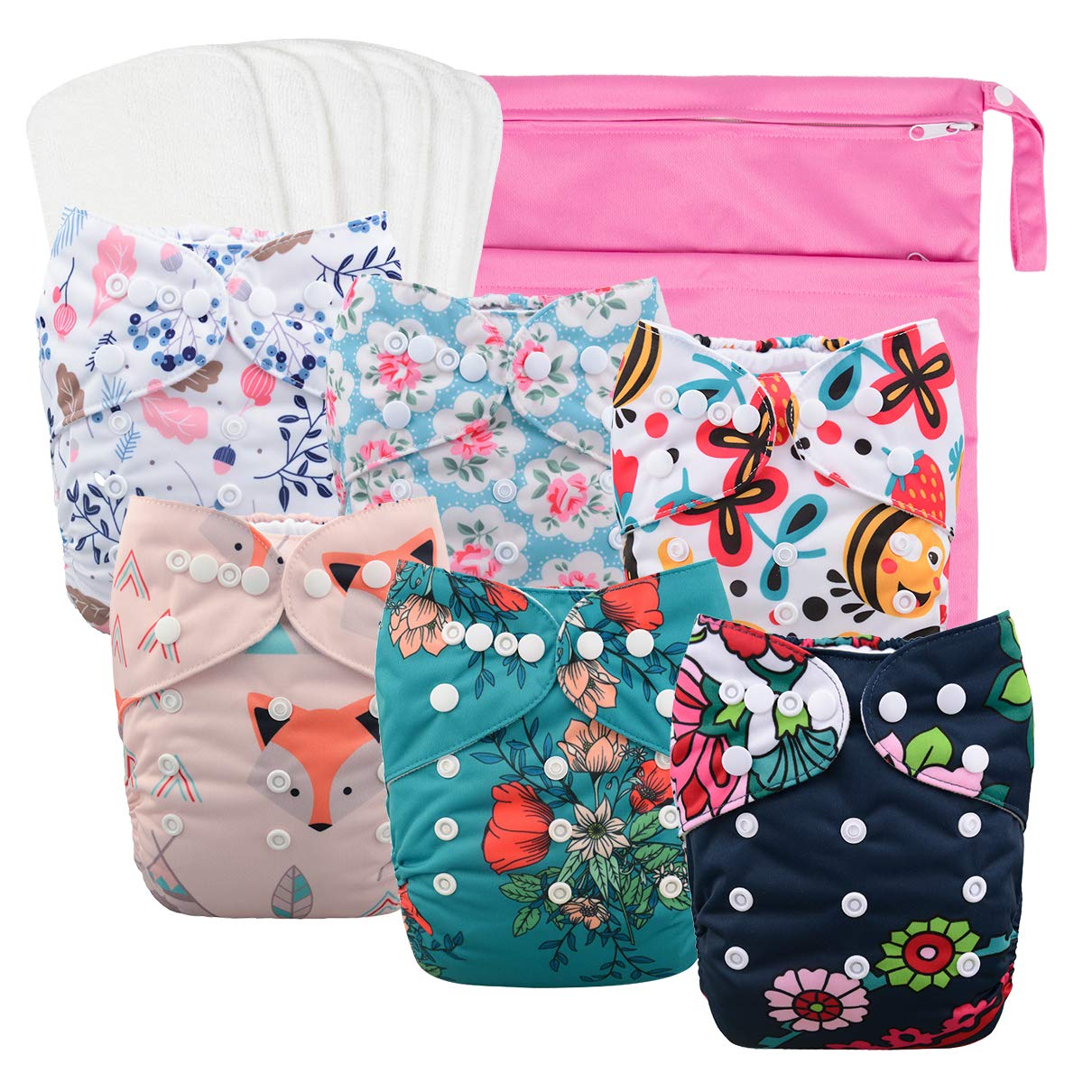 babygoal Boy Cloth Diapers Pack of 13, Baby Reusable Washable Pocket Nappy, 6pcs Diapers+6pcs Rayon from Bamboo Inserts+Wet Bag 
