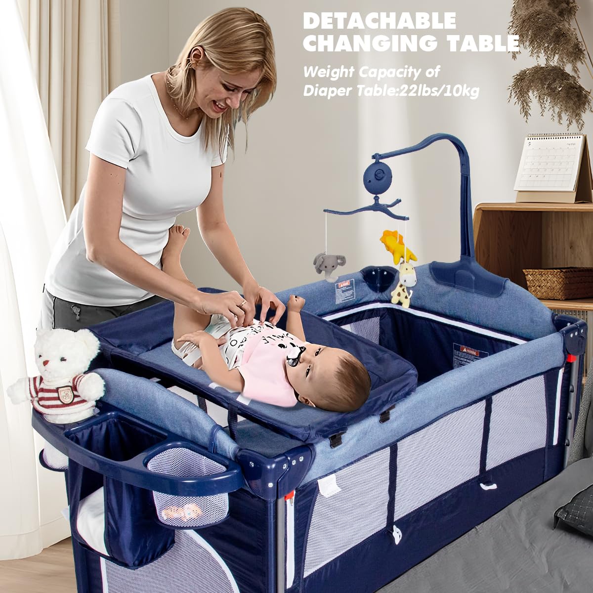 Pearlove Baby Bassinet Bedside Crib With Portable Diaper Changing Table, 5-In-1 Pack And Play Baby Crib For Newborn Baby, Mattre