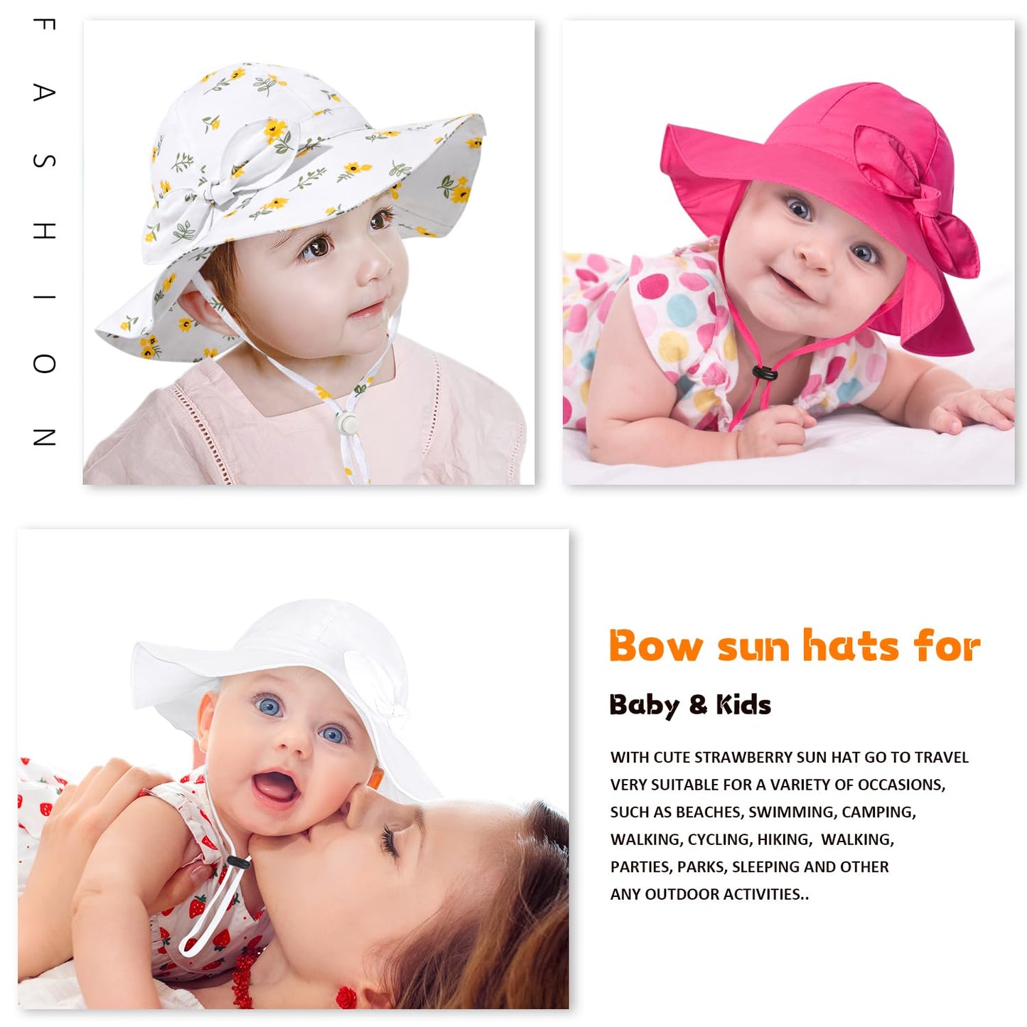 Baby Girl Sun Hat With Upf 50+ Outdoor Adjustable Beach Hat With Wide Brim Bucket Hats (6-12 Months, White-Strawberry Printing)