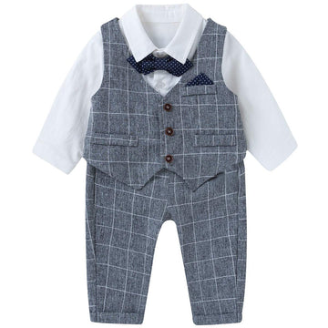 Famuka Boy Suit Set With Bowtie Baby Plaided Outfit Toddlers Formal Clothing (Grey, 4-5T)