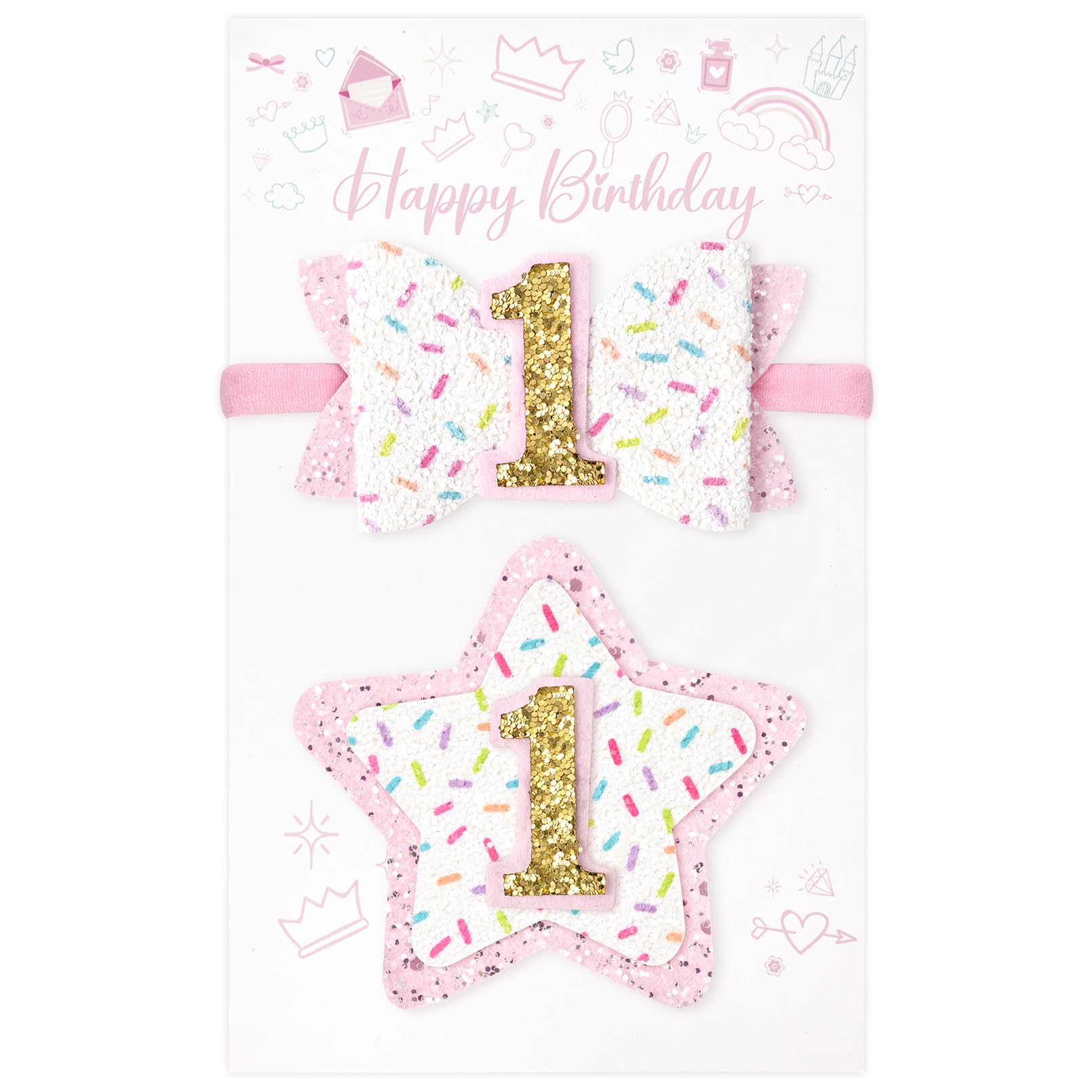Deeka 1St Birthday Hair Bow And Badge Set Birthday Decorations For Girl Glitter Pink And White Hair Clips For 1 Year Girl Birthd