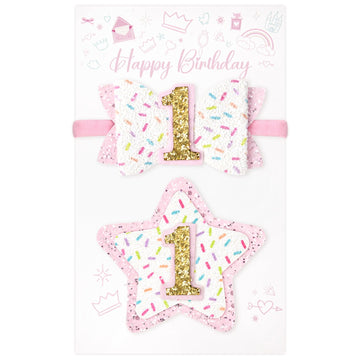 Deeka 1St Birthday Hair Bow And Badge Set Birthday Decorations For Girl Glitter Pink And White Hair Clips For 1 Year Girl Birthd