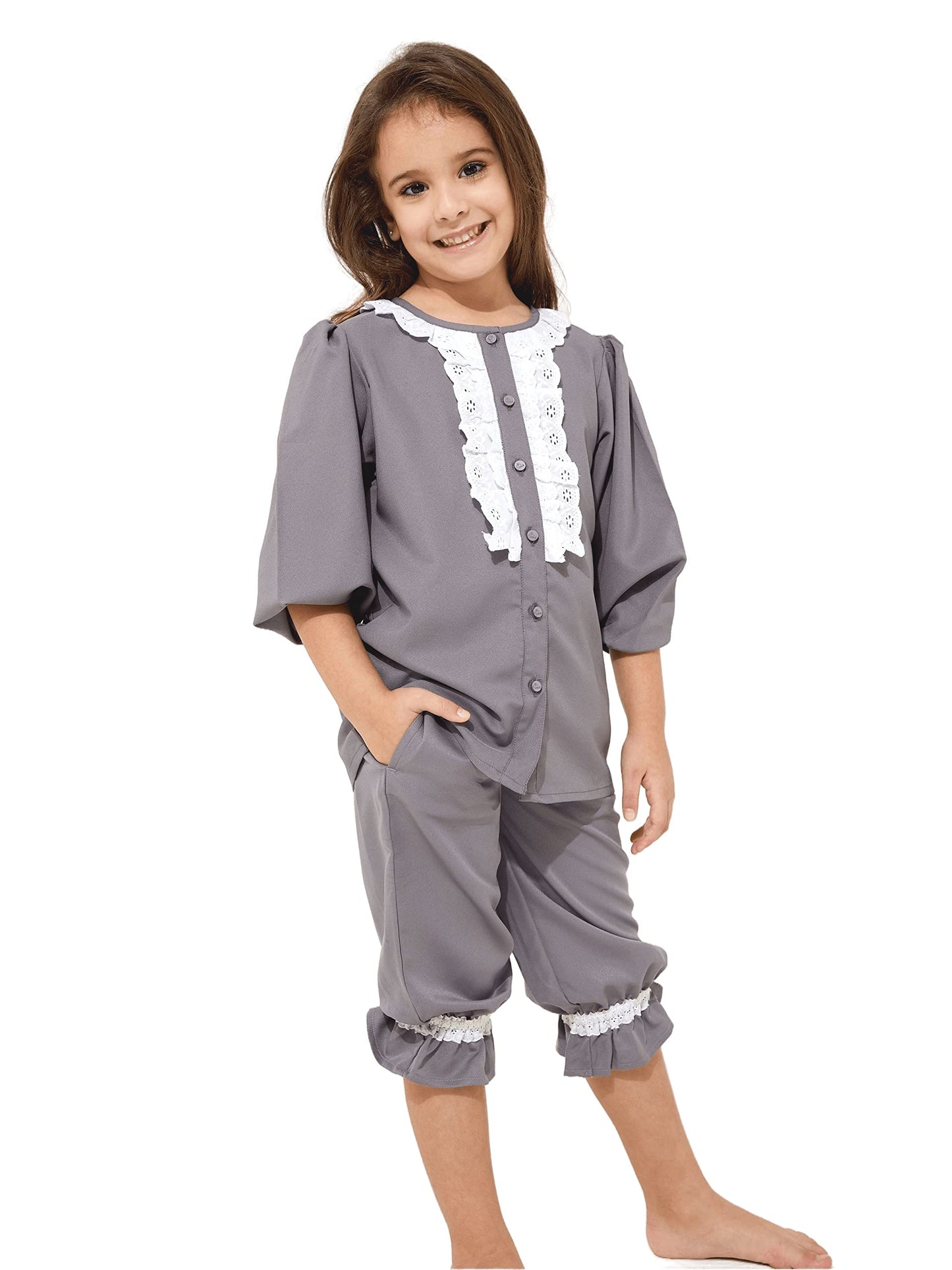 CHERRY CRUMBLE Poly Twill Grey Lace Solid Full Sleeve Kids Girls Casual Sullen Summer PJ Set/Pyjama Set/Pyjama Sleepwear Nightsu