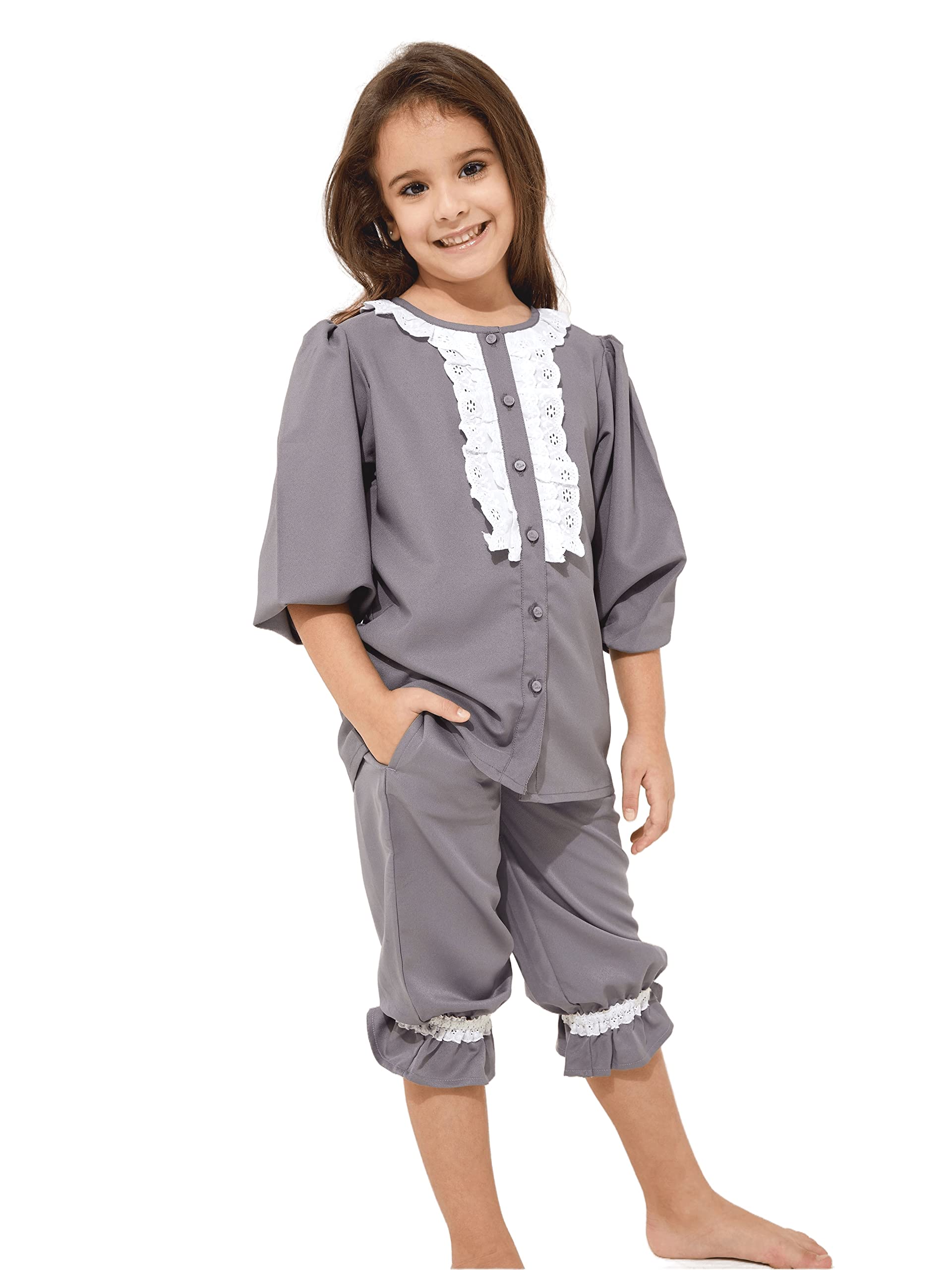 CHERRY CRUMBLE Poly Twill Grey Lace Solid Full Sleeve Kids Girls Casual Sullen Summer PJ Set/Pyjama Set/Pyjama Sleepwear Nightsu