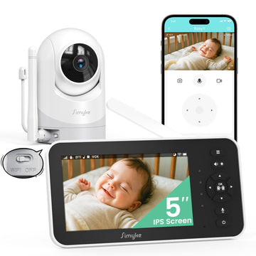 Simyke Video Baby Monitor with Camera and Audio,5 Screen,720P,No Wifi or Free App Mode,Pan-Tilt-Zoom,Lullabies,Feeding Remind,