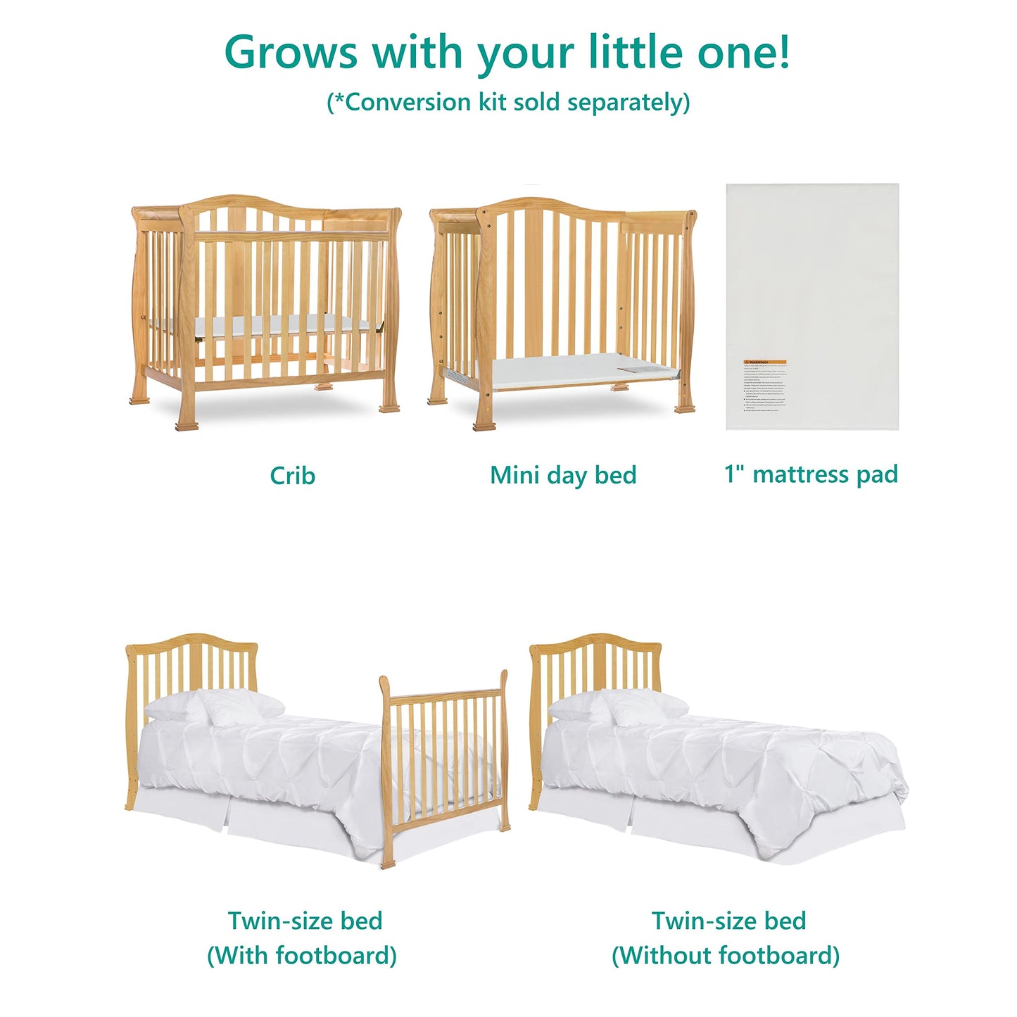 Dream On Me Addison 4-in-1 Convertible Mini Crib in Natural, Greenguard Gold Certified, Non-Toxic Finishes, Built of New Zealand