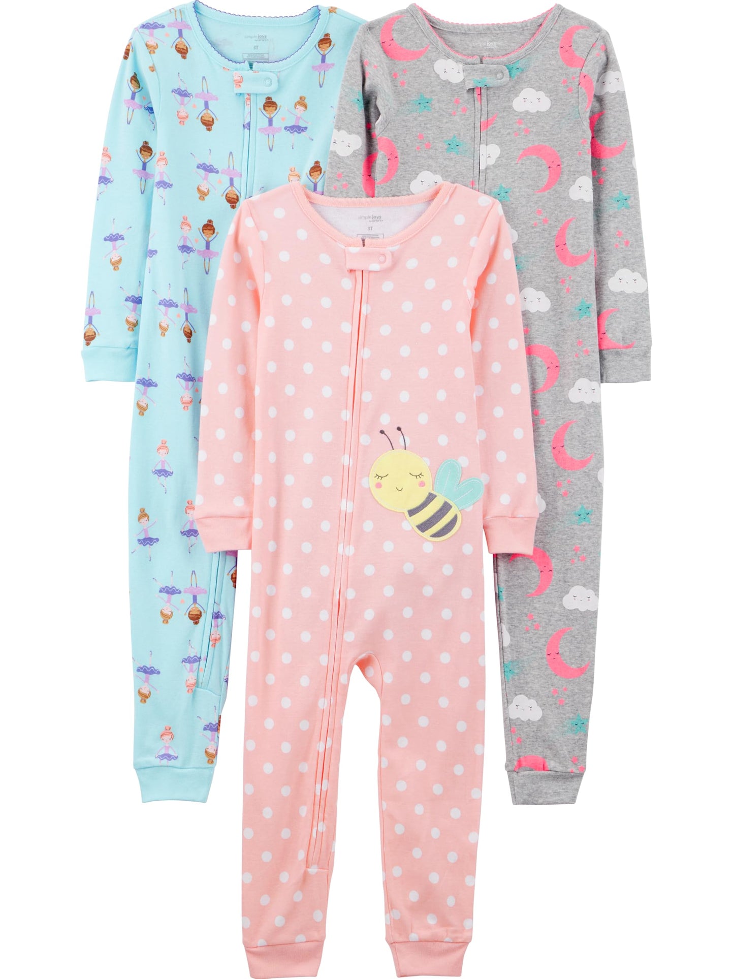 Simple Joys by Carters Baby 3-pack Snug-fit Footless Cotton Pajamas, Ballerina/Moon/Bee, 24 Months