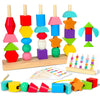 Aoumi Montessori Toys for 2 3 4 Year Old Wooden Shape Matching Game & Lacing Beads Preschool Learning Activities Fine Motor Skil