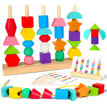 Aoumi Montessori Toys for 2 3 4 Year Old Wooden Shape Matching Game & Lacing Beads Preschool Learning Activities Fine Motor Skil