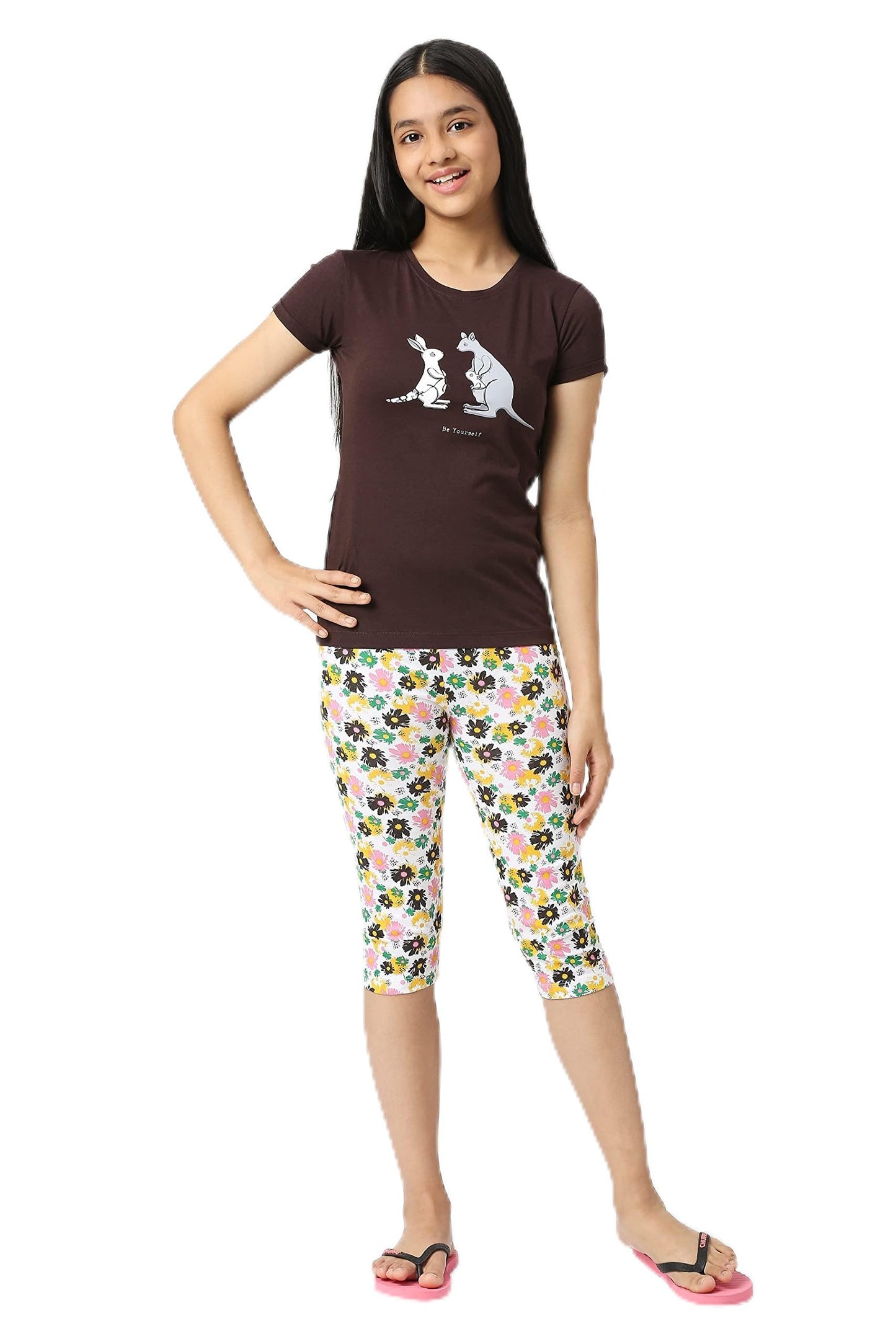 SINI MINI Girls Attractive and Colourfull Free Fold Sleeve Cbrown TShirt & Printed Capri for 100% Pure Cotton and Most Comforta