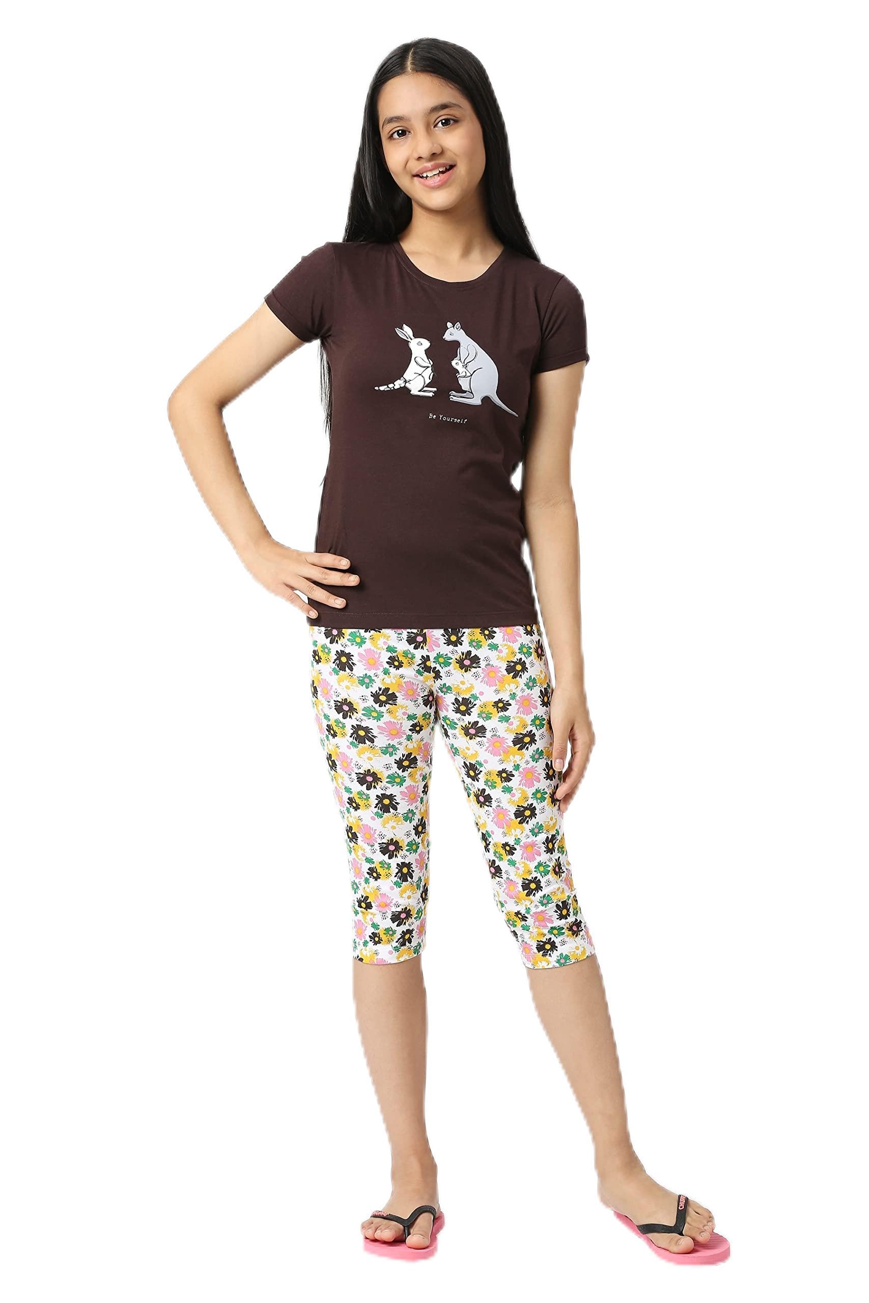 SINI MINI Girls Attractive and Colourfull Free Fold Sleeve Cbrown TShirt & Printed Capri for 100% Pure Cotton and Most Comforta