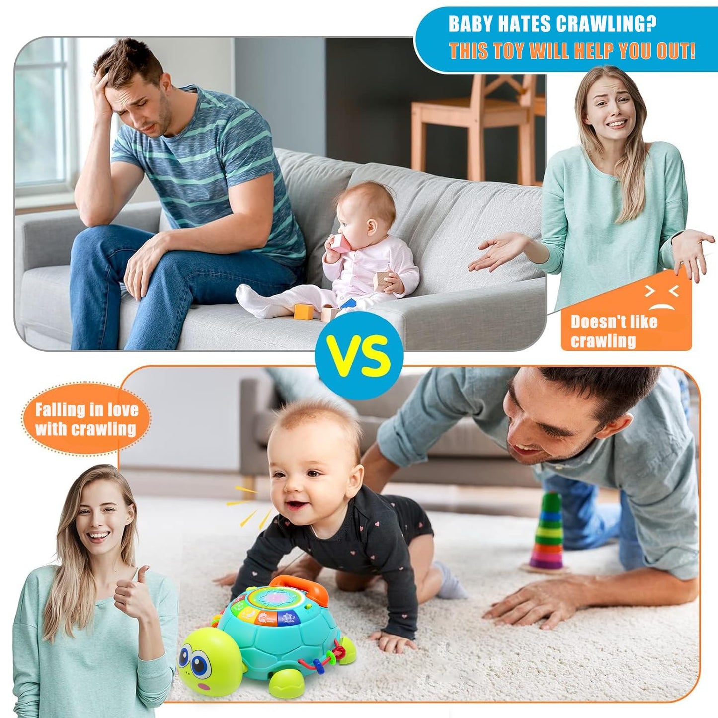 VoMii Musical Turtle Baby Toys 6 to 12 Months, Infant Crawling Tummy Time Development Toys, Light up Music Toys for 7 8 9 10 11