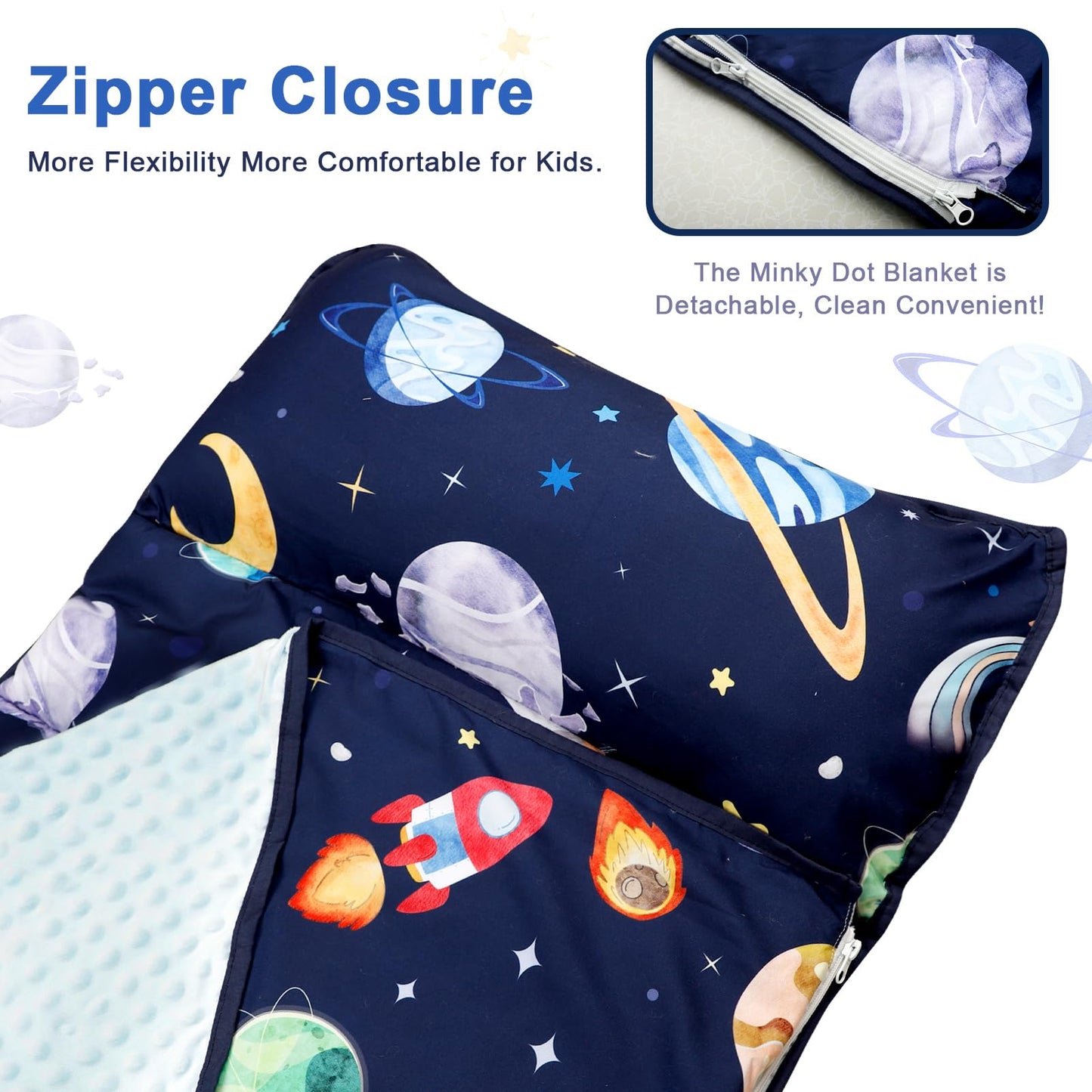 Toddler Nap Mat With Removable Pillow & Soft Dot Minky Blanket, Pea Pod Kids Nap Mats Rockets Space Rolled Slumber Bags For Boys