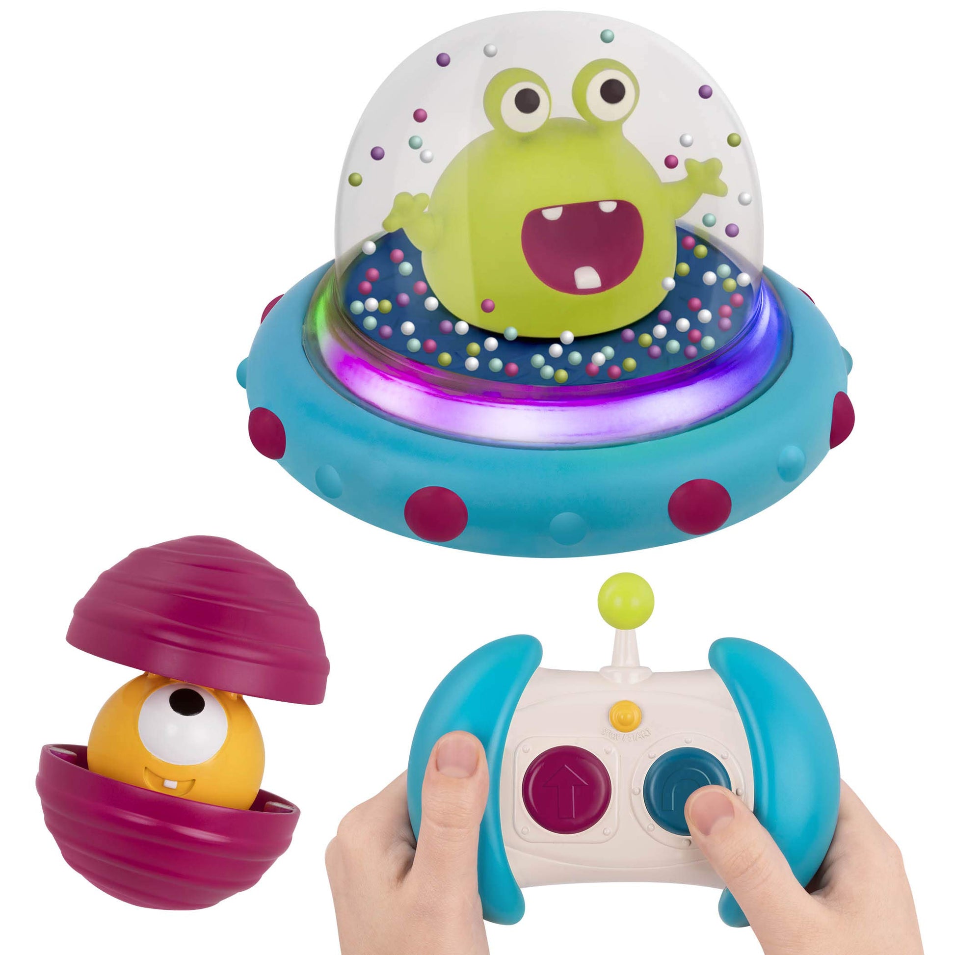 B. toys - Vehicle Bumper Space Car - Light - Up - Simple Remote Control Car for Toddlers with Alien Driver - Marky Mars - 12+ Mo