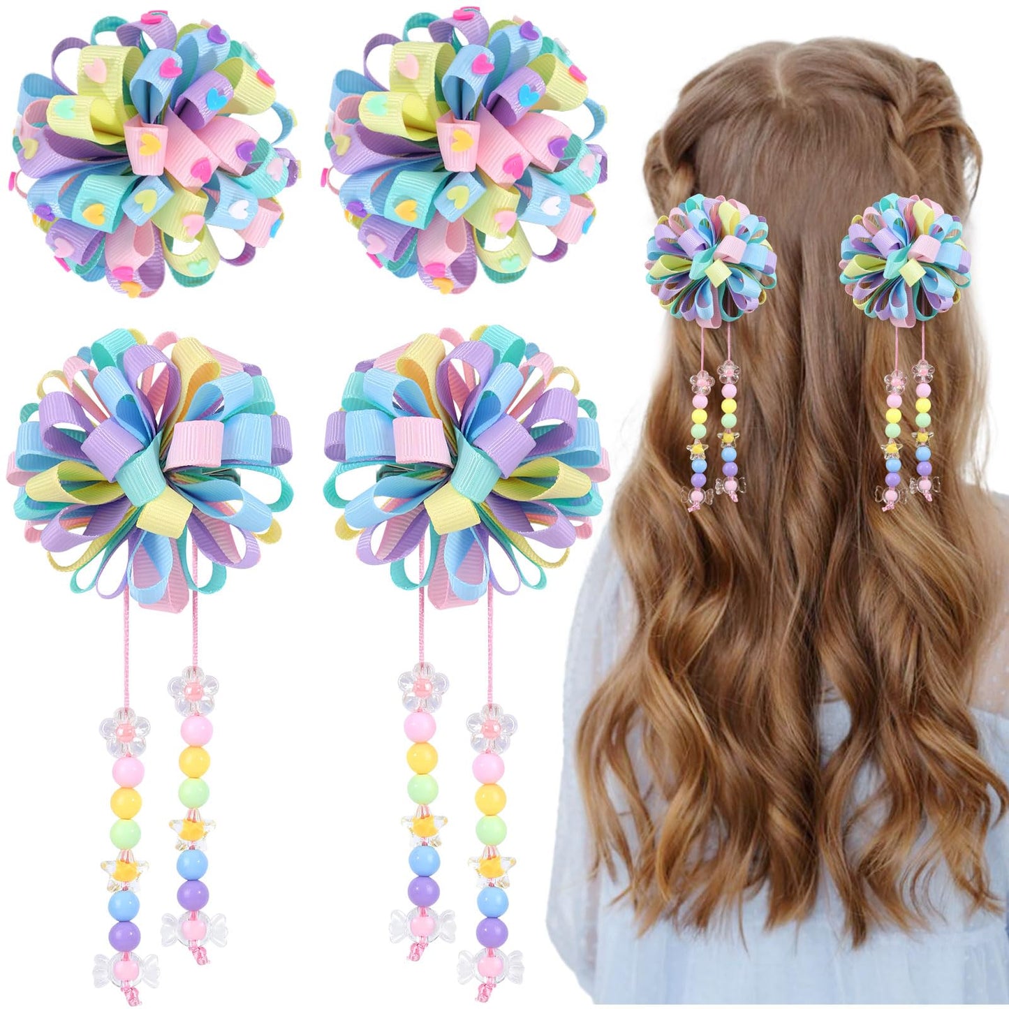 Cn 4Pcs Hair Bows For Girls, Flower Hair Rainbow Accessories For Girls Rainbow Toddler Bows With Alligator Clips Girl Hair Acces