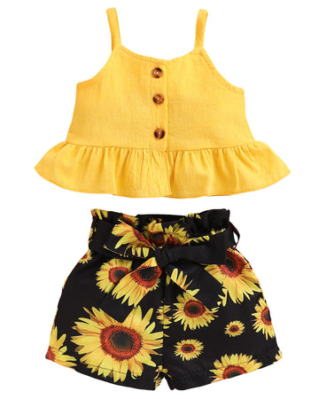 Kucnuzki Toddler Baby Girl Clothes Summer Outfits Ruffle Sleeveless Linen Shirt Kid Short Set For Girl (2T / 3T, Yellow+Black)