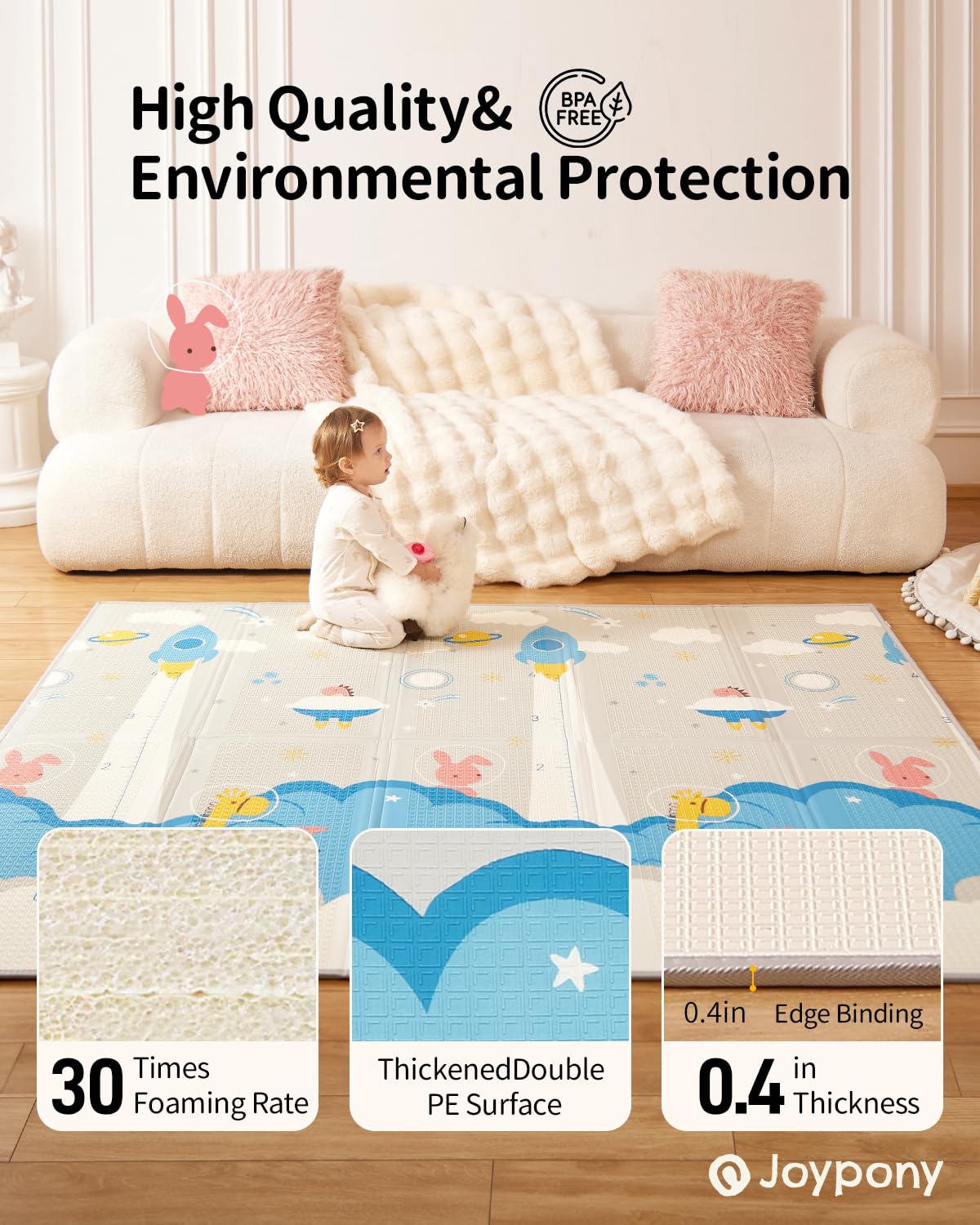 Joypony Baby Play Mat, 71X59 Inch Foldable Play Mats For Babies And Toddlers, Waterproof & Anti-Slip Portable Baby Floor Mat For