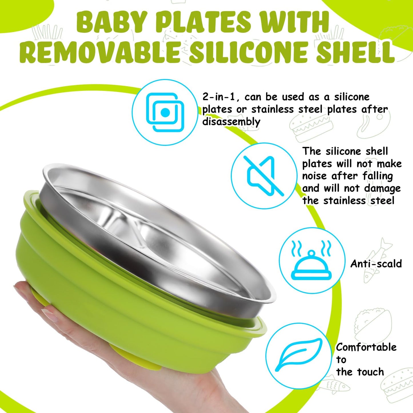 Nuogo 2 Pcs Stainless Steel Baby Suction Plates With Removable Silicone Shell 2-In-1 Metal Toddler Bowl Divided For Picky Eaters
