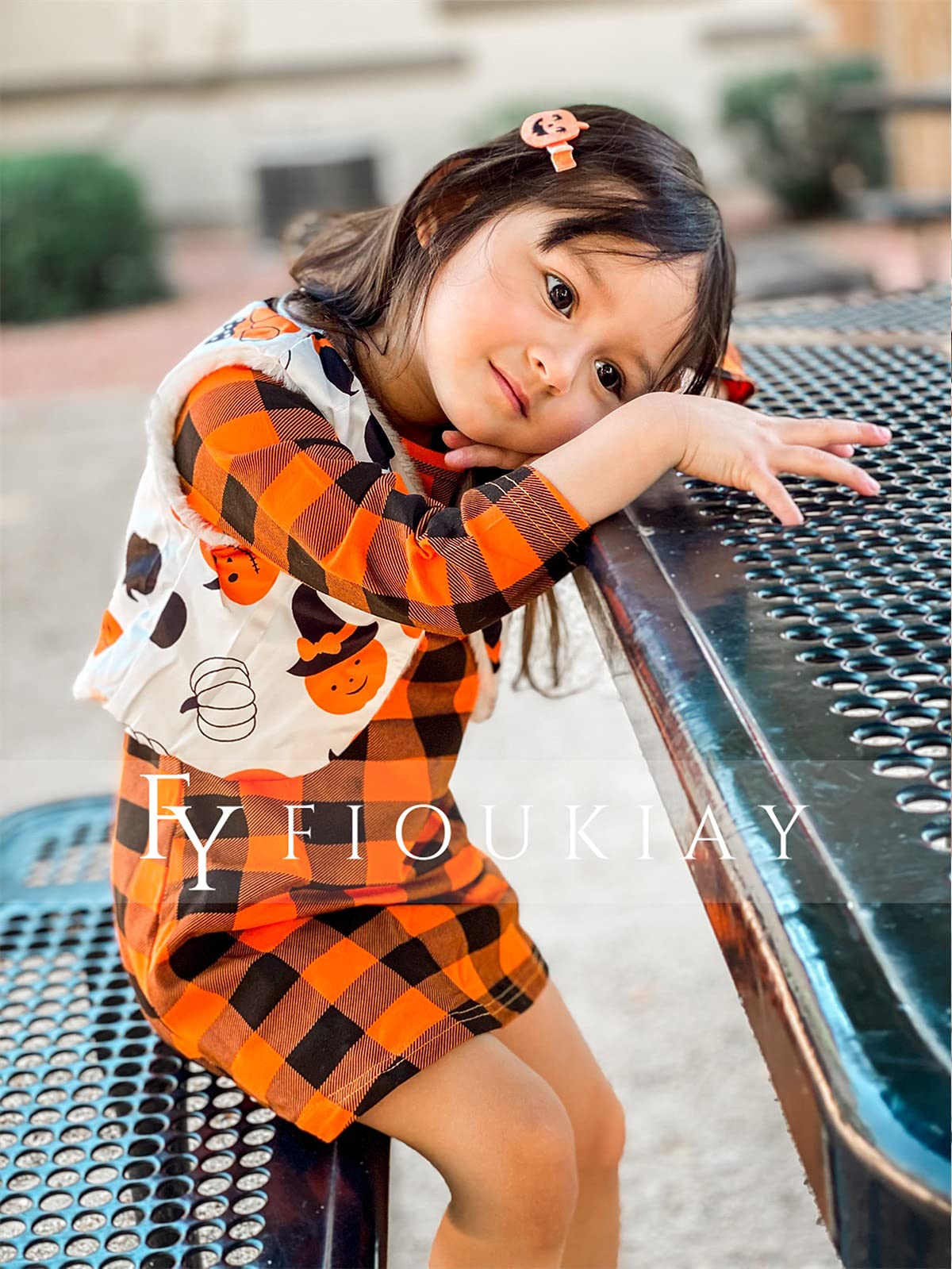 Fioukiay Toddler Girls'-Boutique-Halloween-Outfit-Clothes 2Pcs Long Sleeve Plaid Halloween Dress With Faux Fur Vest Coat (Orange