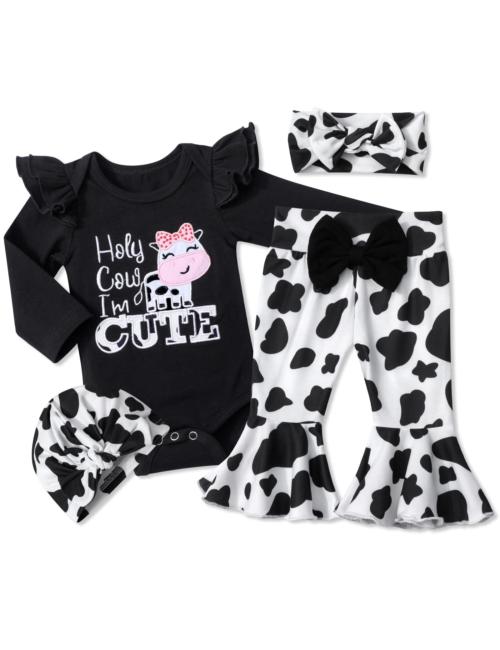 Adifun Baby Girl Clothes 0-3 Months Baby Girl Outfit Cow Print Black Ruffle Long-Sleeved Cow Print Baby Bell Bottoms Head With C