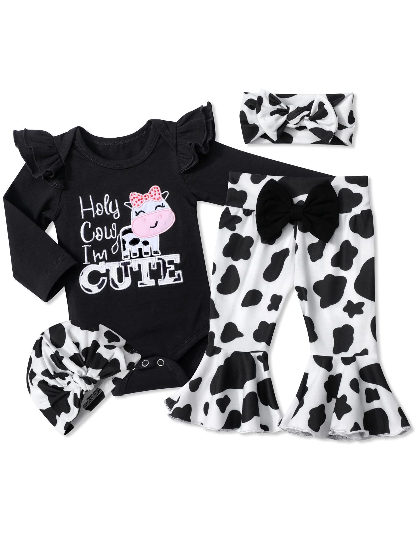 Adifun Newborn Girl Clothes Cow Print Black Ruffle Long-Sleeved Cow Print Baby Bell Bottoms Head With Cover 4Pcs Sets Of Newborn