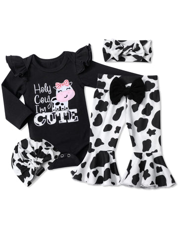 Adifun Newborn Girl Clothes Cow Print Black Ruffle Long-Sleeved Cow Print Baby Bell Bottoms Head With Cover 4Pcs Sets Of Newborn