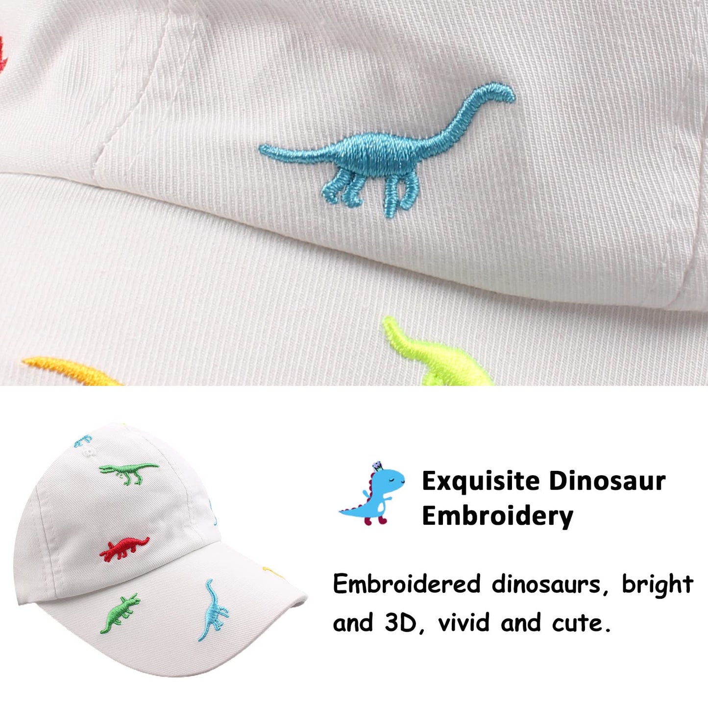 Bamery Toddler Baseball Hat For Boys&Girls Baby Baseball Cap Embroidery Dinosaur Kids Hat For 2-6T (Dinosaur White, 2-6T)