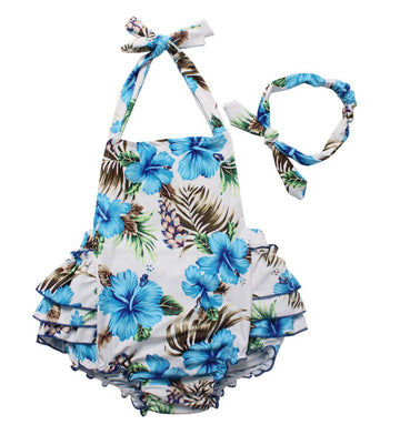 One Piece Redbub Floral Ruffles Rompers Bathing Suits Dress With Headband (Large,Light Blue)