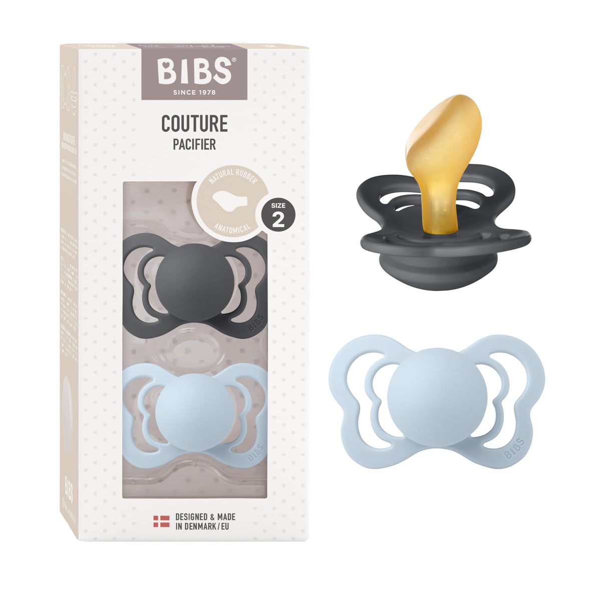 Bibs Couture Natural Rubber Baby Pacifier  Anatomical & Soft Nipple, Gentle Shield Prevents Skin Irritation & Moisture Buildup,