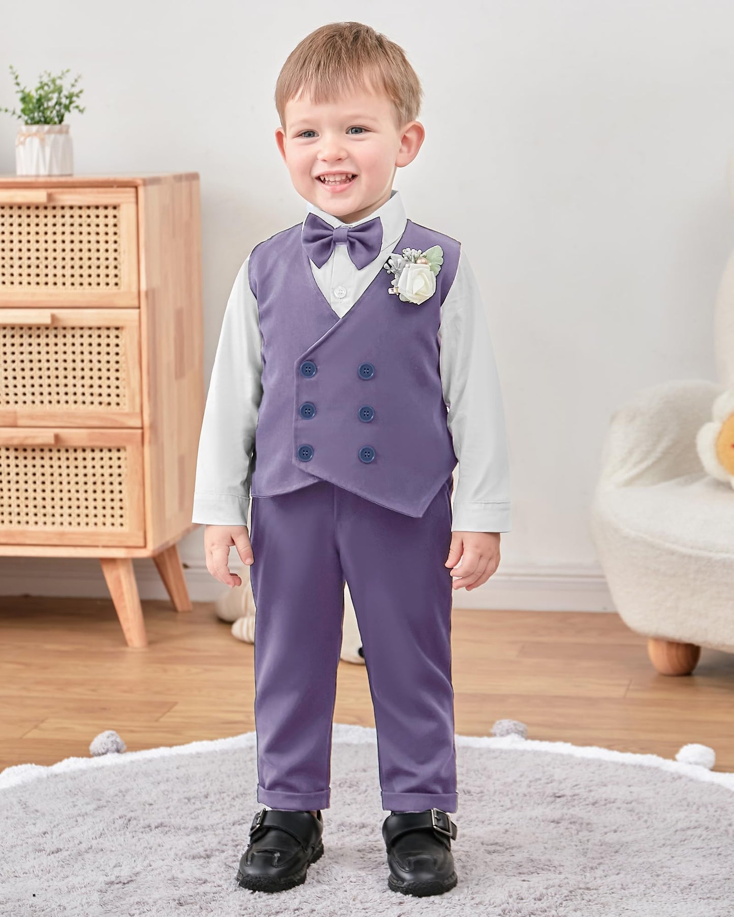 Yallet Toddler Baby Boy Clothes Suit Gentleman Wedding Outfits, Formal Dress Shirt+Bowtie+Vest+Boutonniere+Suspender Pants(V Lig