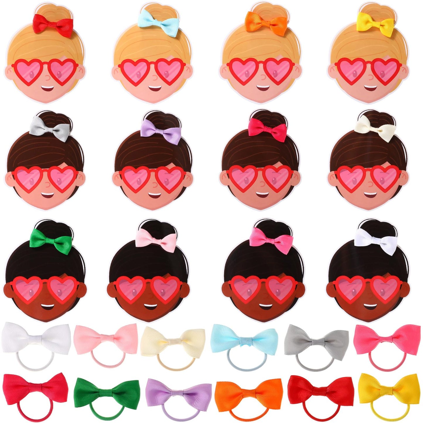 Canlierr 12 Pcs Valentines Day Gift, 12 Pcs Bows Hair Ties with 12 Pcs Valentines Gift Card for Exchange Gift Birthday Party F