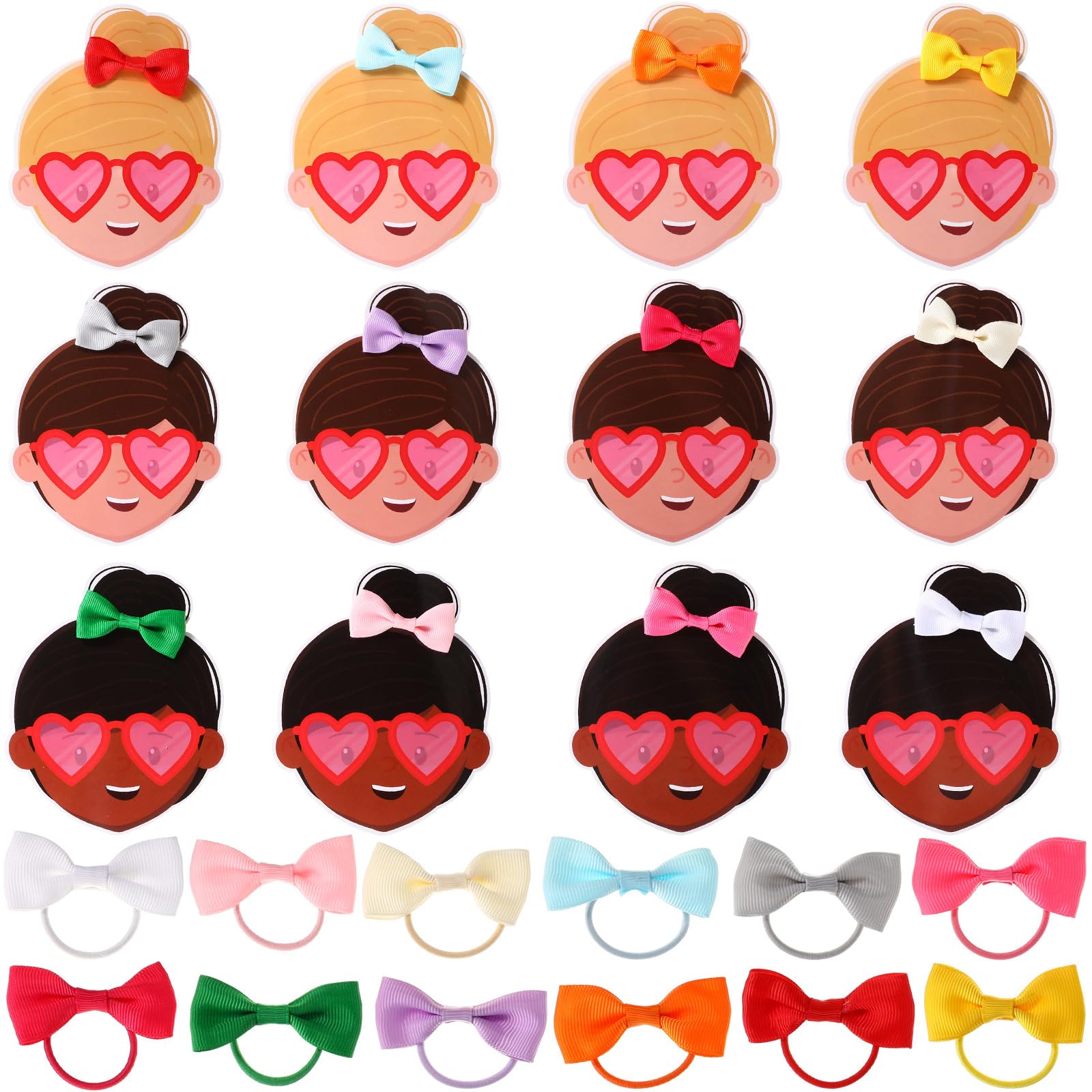 Canlierr 12 Pcs Valentines Day Gift, 12 Pcs Bows Hair Ties with 12 Pcs Valentines Gift Card for Exchange Gift Birthday Party F